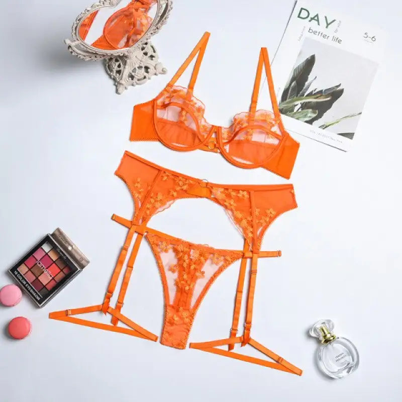 Lace See Through Push Up Open Cup Mesh Three Piece Set