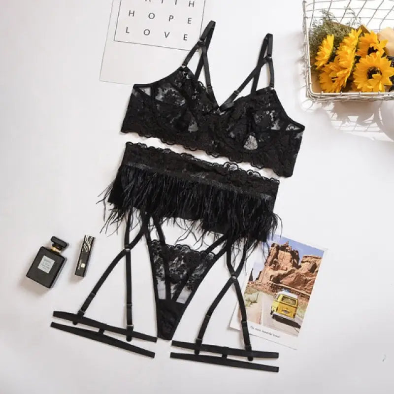Lace See Through Transparent Babydoll Lingerie Set - black