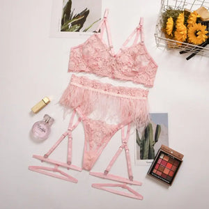 Lace See Through Transparent Babydoll Lingerie Set - Pink