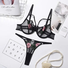 Load image into Gallery viewer, Lace Sheer Floral Bra and Panty Lingerie Set - black / L