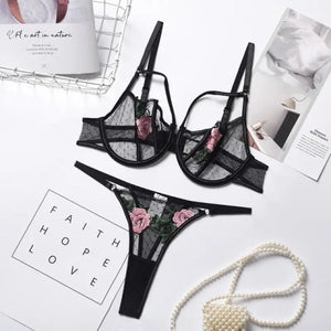 Lace Sheer Floral Bra and Panty Lingerie Set - black / L