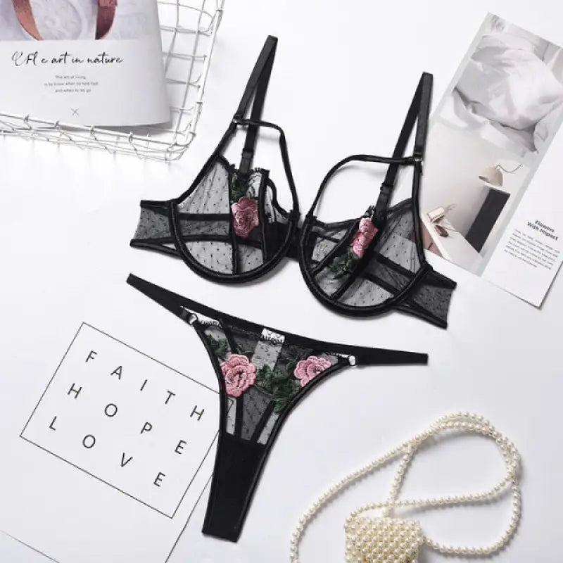 Lace Sheer Floral Bra and Panty Lingerie Set - black / L