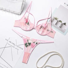 Load image into Gallery viewer, Lace Sheer Floral Bra and Panty Lingerie Set - Pink / L
