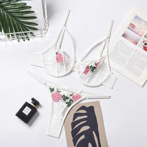 Lace Sheer Floral Bra and Panty Lingerie Set - white / S