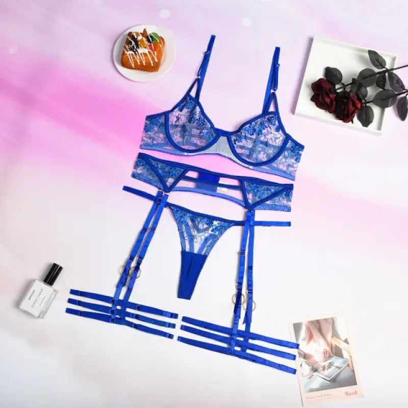 Lace Translucent Floral Embroidery Lingerie Set - Blue / L