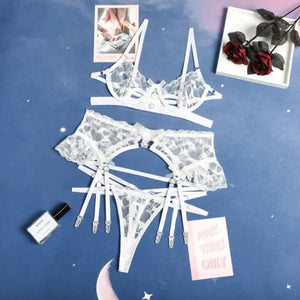Lace Transparent Mesh 3-Piece Lingerie Set - white / L