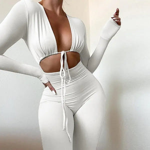 Lace-Up Long Sleeve Tight Fitting Solid Jumpsuit