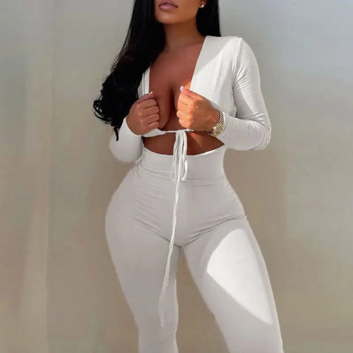 Lace-Up Long Sleeve Tight Fitting Solid Jumpsuit