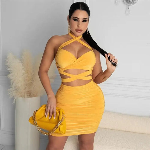 Lace-up Wrapped Chest Halter Cross Mini Dress