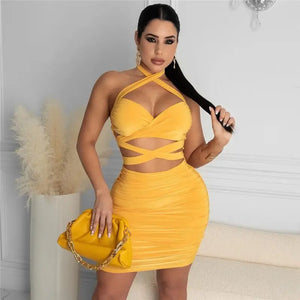Lace-up Wrapped Chest Halter Cross Mini Dress