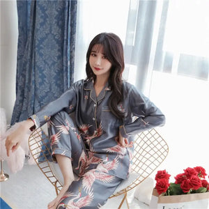 Ladies Satin Pajamas Sleepwear Set - Gray - Long C / M
