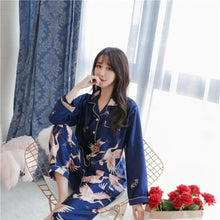 Load image into Gallery viewer, Ladies Satin Pajamas Sleepwear Set - Navy Blue - Long C / XL