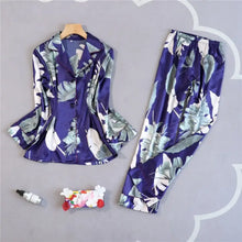 Load image into Gallery viewer, Ladies Satin Pajamas Sleepwear Set - Navy Blue - Long A / XL