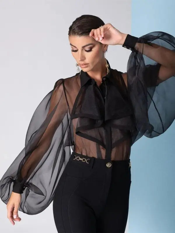 Lantern Sleeve Lapel Mesh Sheer Shirt - S / Black