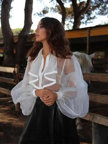Lantern Sleeve Lapel Mesh Sheer Shirt - XS / White