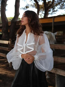 Lantern Sleeve Lapel Mesh Sheer Shirt - XS / White