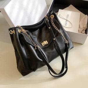 large PU Leather Crossbody Chain Shoulder Handbag - black