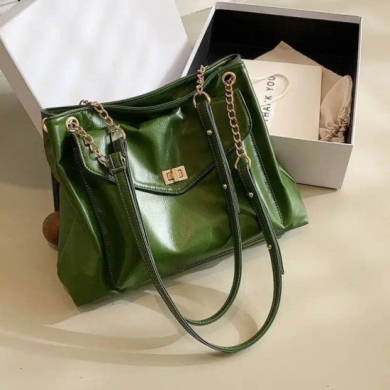 large PU Leather Crossbody Chain Shoulder Handbag - green