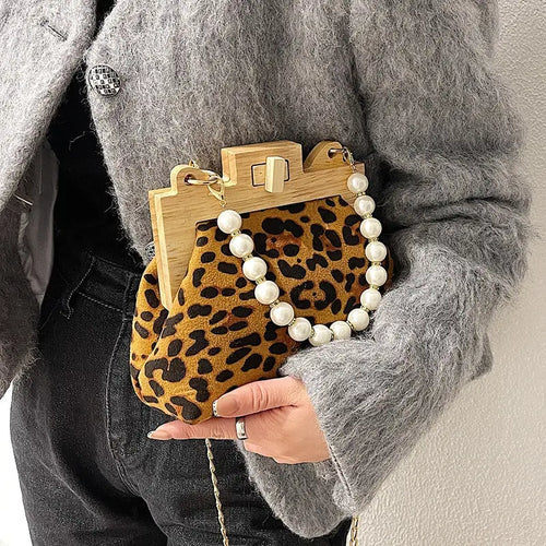 Leopard PU Leather Beading Shoulder Shell Clutch