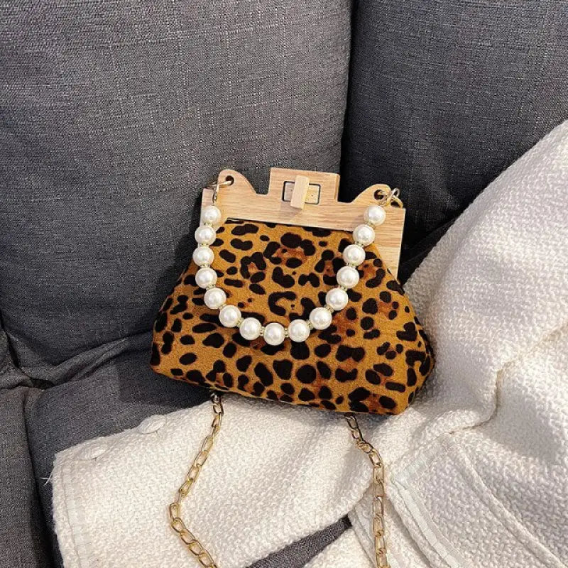 Leopard PU Leather Beading Shoulder Shell Clutch - Auburn