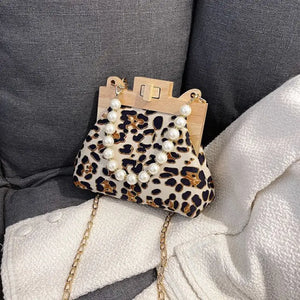 Leopard PU Leather Beading Shoulder Shell Clutch - white