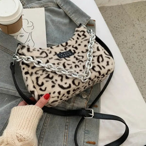 Leopard Soft Faux Fur Tote Bag - Khaki