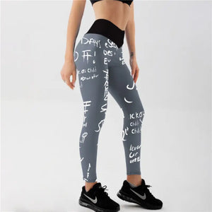 Letter Print High Waist Elastic Leggings - grey / S