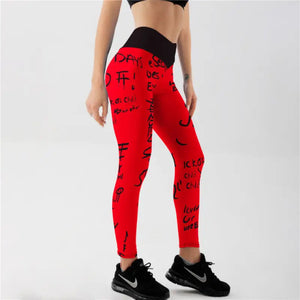 Letter Print High Waist Elastic Leggings - red / M