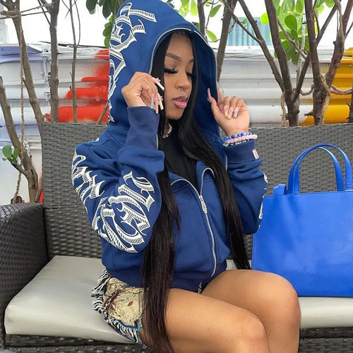 Letter Printed Zip Up Hoodie - Blue / L
