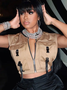 Lights Camera Action Cropped Cargo Vest - Khaki / XS