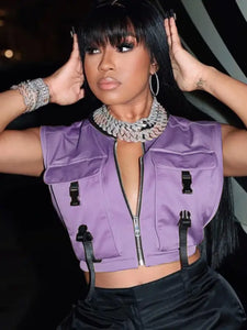Lights Camera Action Cropped Cargo Vest - Purple / XL