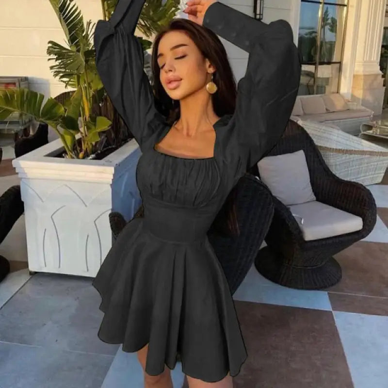 A Line Dress Vintage Square Collar Mini - black / M - dress