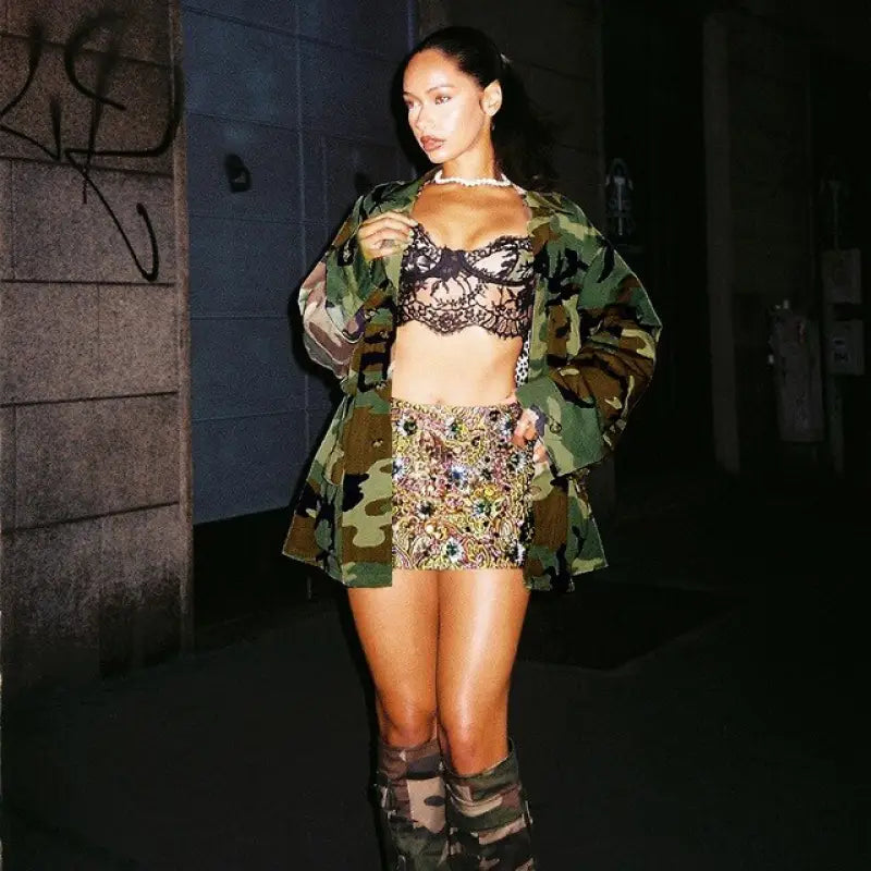Long Camouflage Loose Coat - L / Army Green