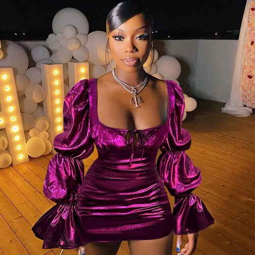 Long Puff Sleeve Slim Fit Shiny Metallic Dress