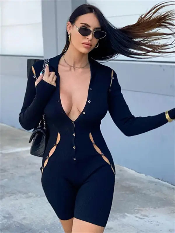 Long Sleeve Button One Piece Black Romper - S