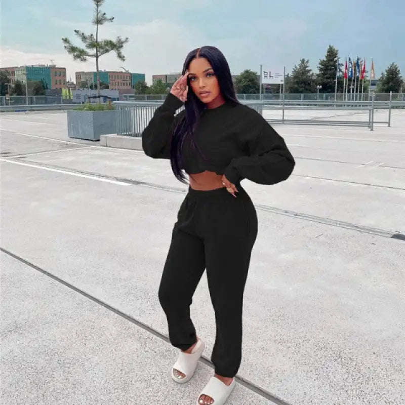 Long Sleeve Crop Top & Baggy Pants Sporty Matching Set