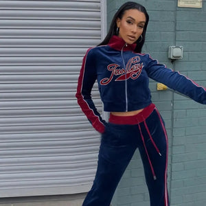 Long Sleeve Cropped Top and Lace Up Trousers Set - Deep
