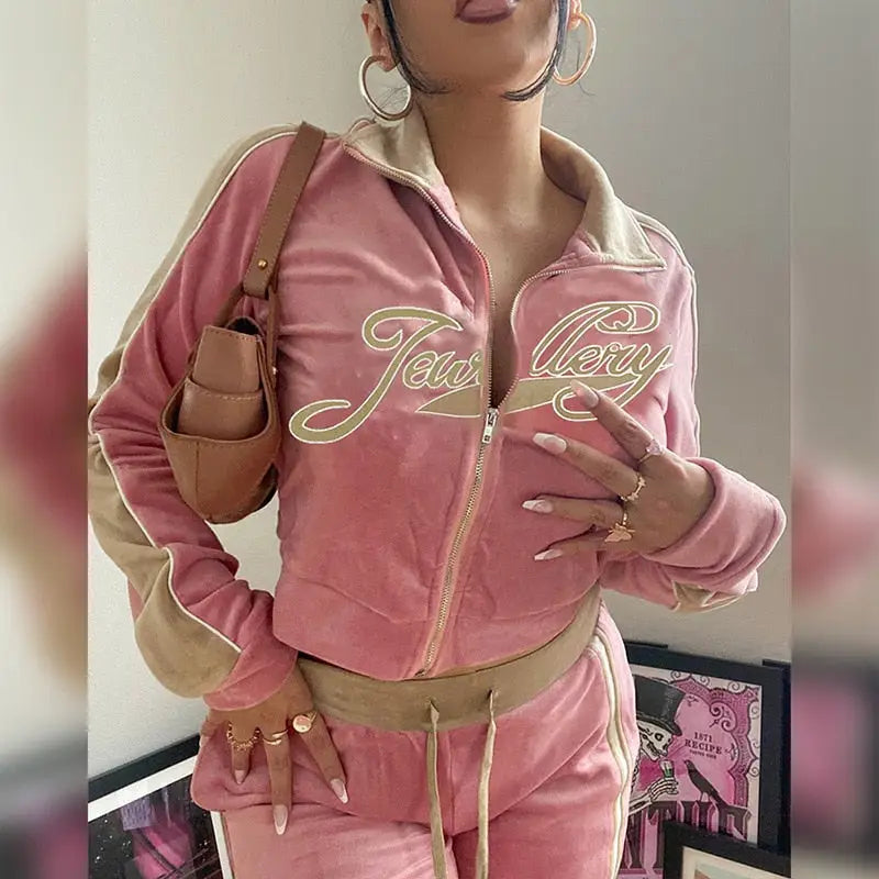 Long Sleeve Cropped Top and Lace Up Trousers Set - Pink / S