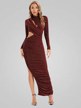 Load image into Gallery viewer, Long Sleeve Cutout Pleated Bodycon Maxi Dress - S / Claret