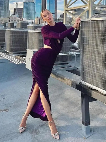 Long Sleeve Cutout Pleated Bodycon Maxi Dress - XS / purple