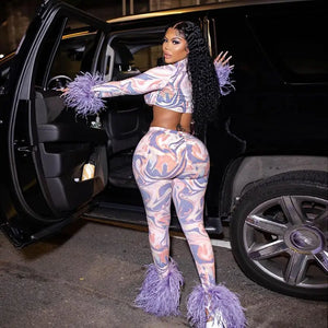 Long Sleeve Furry Hollow Out Cropped Top and Pencil Pants