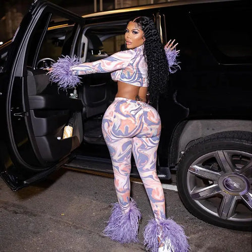 Long Sleeve Furry Hollow Out Cropped Top and Pencil Pants
