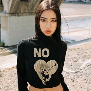 NO Long Sleeve Letter Print Black Crop Top