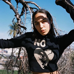 NO Long Sleeve Letter Print Black Crop Top