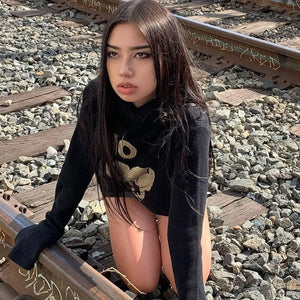 NO Long Sleeve Letter Print Black Crop Top