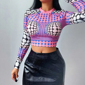 Long Sleeve Printed Slim Fashion Crop Top