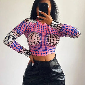 Long Sleeve Printed Slim Fashion Crop Top