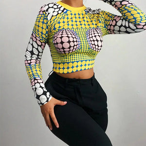 Long Sleeve Printed Slim Fashion Crop Top