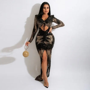 Long Sleeve Sequin Maxi Elegant Dress - black / XXL