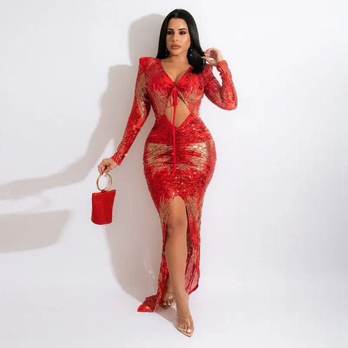 Long Sleeve Sequin Maxi Elegant Dress - Red / S